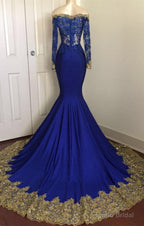 Off-the-Shoulder Royal Blue Prom Dresses Gold Lace Appliques Chic Evening Dress with Sleeve