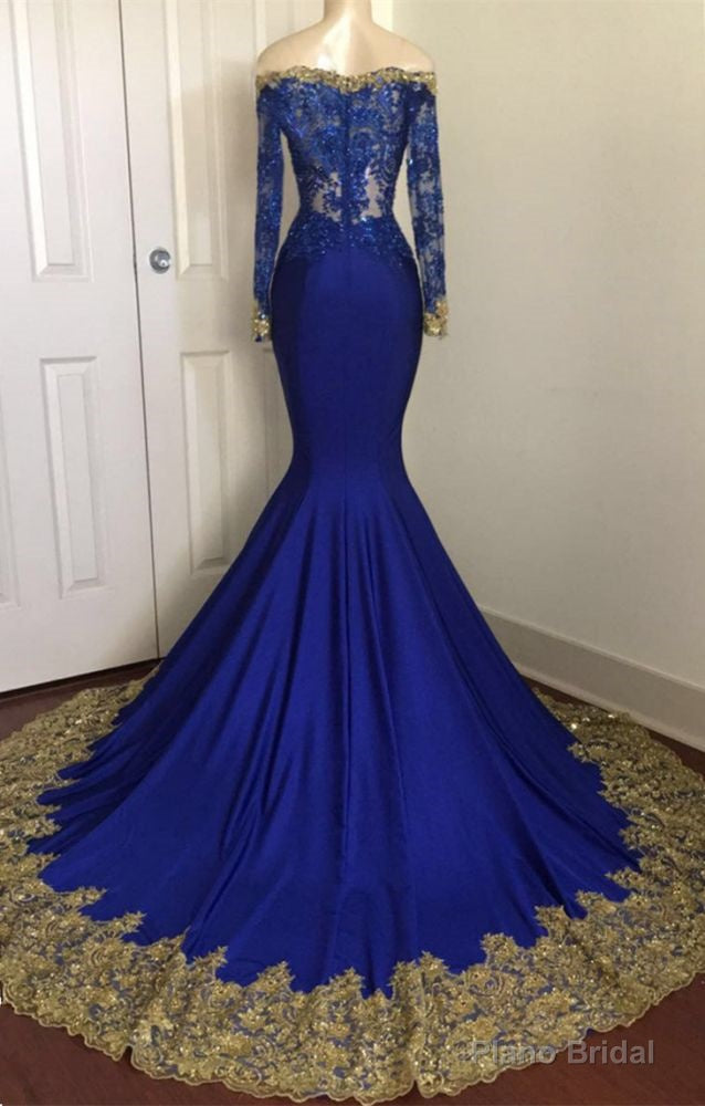 Off-the-Shoulder Royal Blue Prom Dresses Gold Lace Appliques Chic Evening Dress with Sleeve