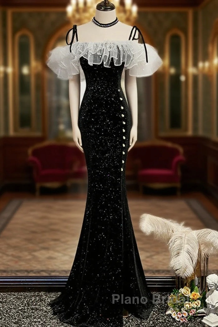 Off The Shoulder Shiny Black Mermaid Formal Prom Dresses, Off Shoulder Shiny Black Long Formal Evening Dresses Main image