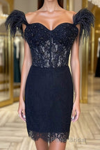 Off the Shoulder Short Black Lace Formal Prom Dresses, Short Black Lace Formal Homecoming Dresses
