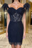 Off the Shoulder Short Black Lace Formal Prom Dresses, Short Black Lace Formal Homecoming Dresses