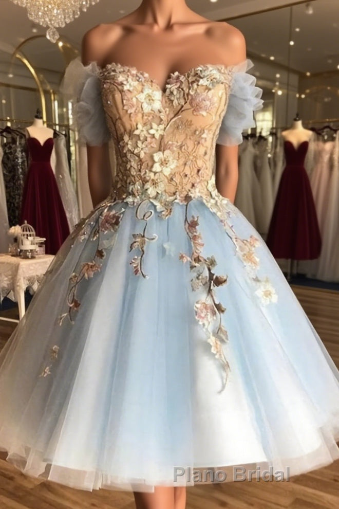 Off the Shoulder Short Blue Lace Floral Formal Prom Dresses, Off the Shoulder Short Blue Lace Graduation Homecoming Dresses