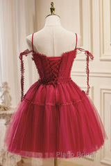 Off the Shoulder Short Burgundy Lace Formal Prom Dresses, Wine Red Short Lace Formal Graduation Dresses