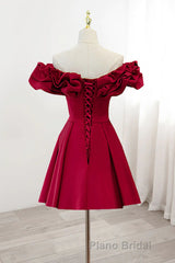 Off the Shoulder Short Burgundy Formal Prom Dresses, Short Wine Red Graduation Homecoming Dresses