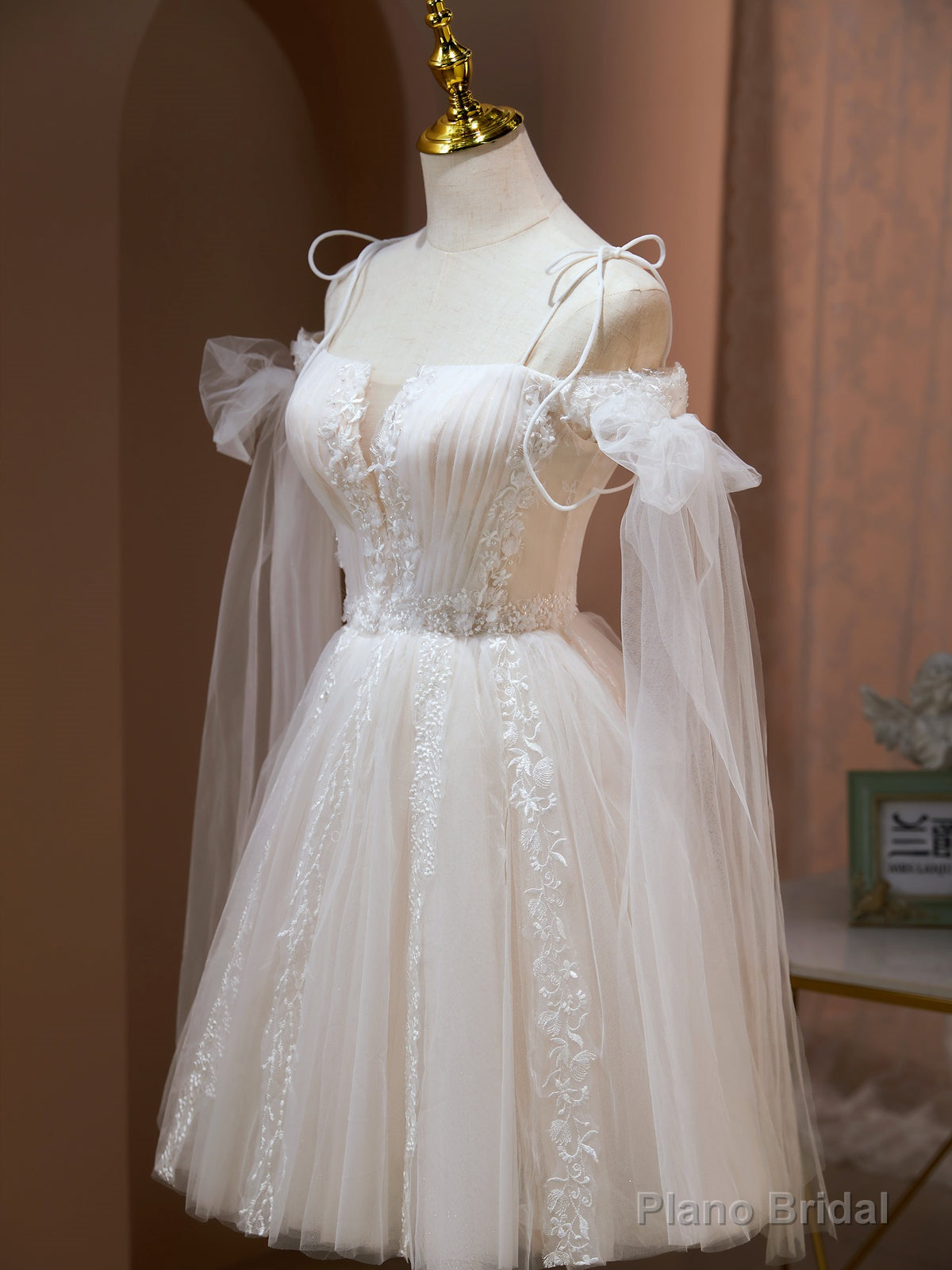 Off the Shoulder Short Champagne Prom Dresses, Short Champagne Formal Homecoming Dresses Main image