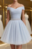 Off the Shoulder Short Gray Formal Prom Dresses with Coset Back, Short Beaded Gray Graduation Homecoming Dresses