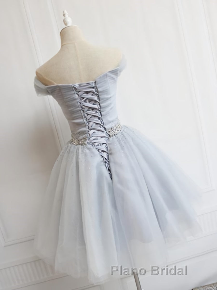 Off the Shoulder Short Gray Formal Prom Dresses with Coset Back, Short Beaded Gray Graduation Homecoming Dresses