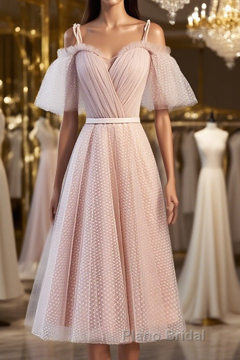 Off the Shoulder Short Pink Formal Prom Dress with Corset Back, Short Pink Formal Graduation Bridesmaid Dresses Main image