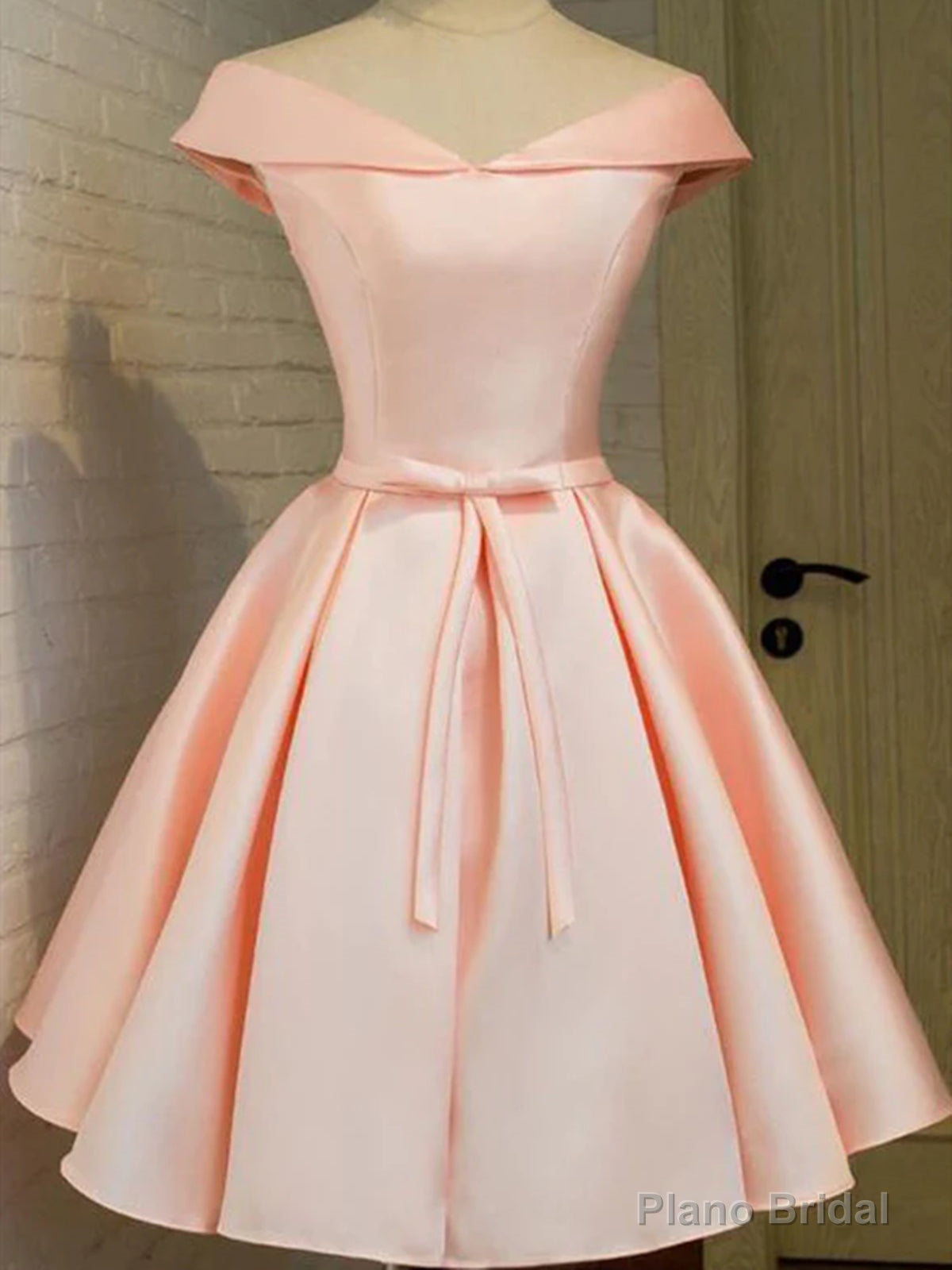 Off the Shoulder Short Pink Satin Prom Dresses, Short Pink Satin Graduation Homecoming Dresses Main image