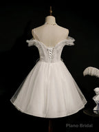 Off the Shoulder Short White Lace Prom Dresses, Short White Lace Formal Homecoming Dresses