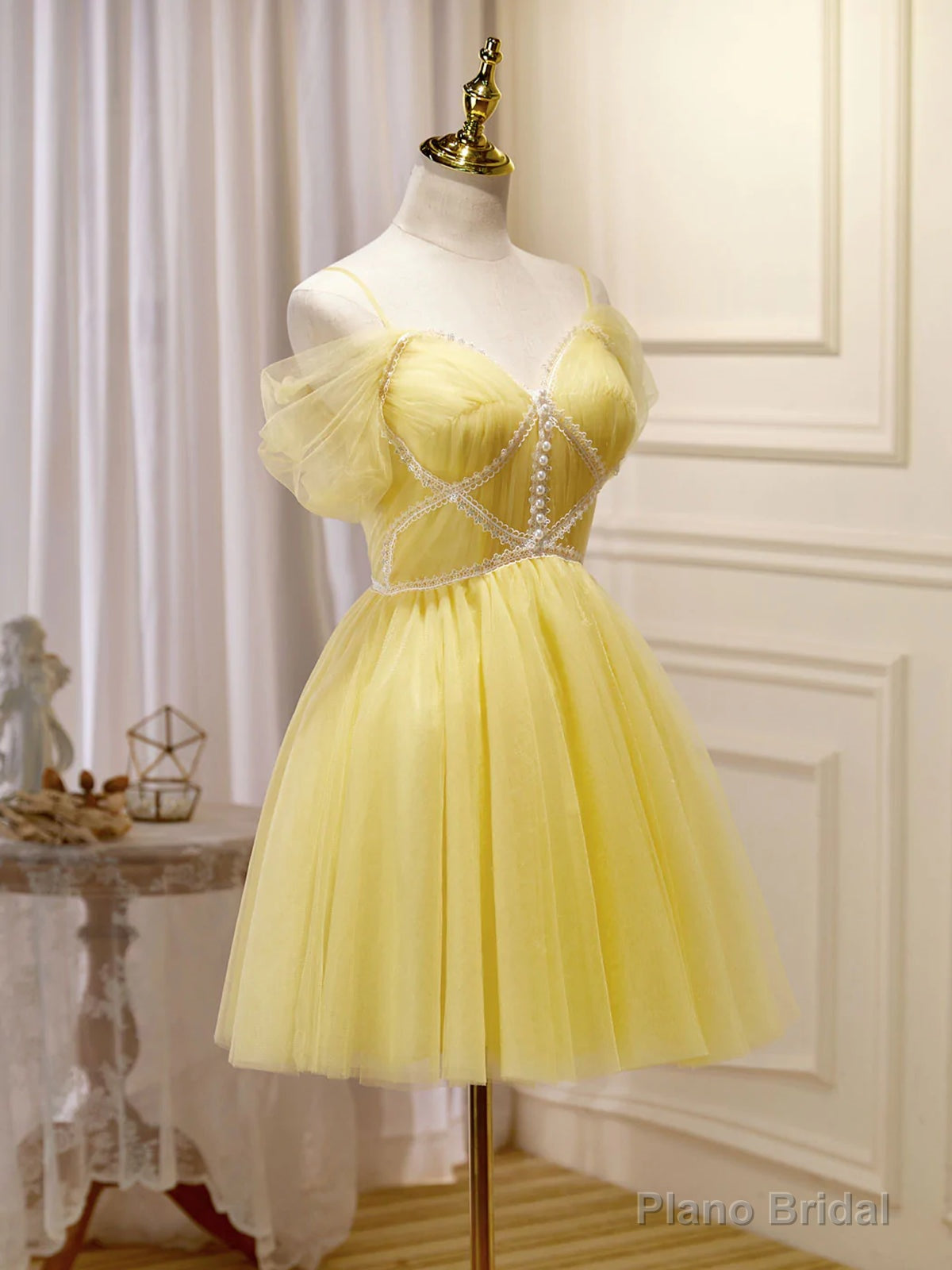 Off the Shoulder Short Yellow Prom Dresses, Off Shoulder Short Yellow Formal Graduation Dresses Secondary image