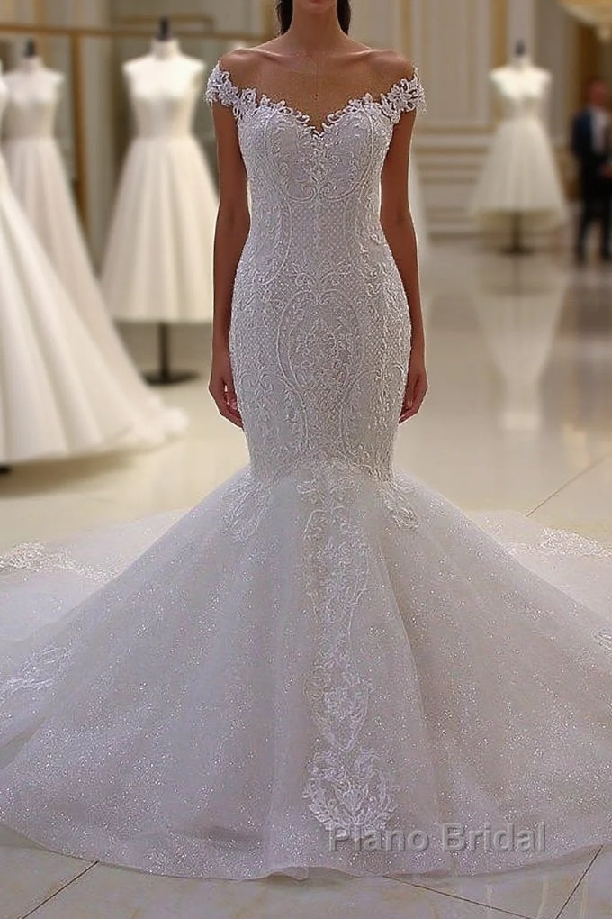 Off the Shoulder Sweetheart White Lace Appliques Tulle Mermaid Wedding Dress Main image