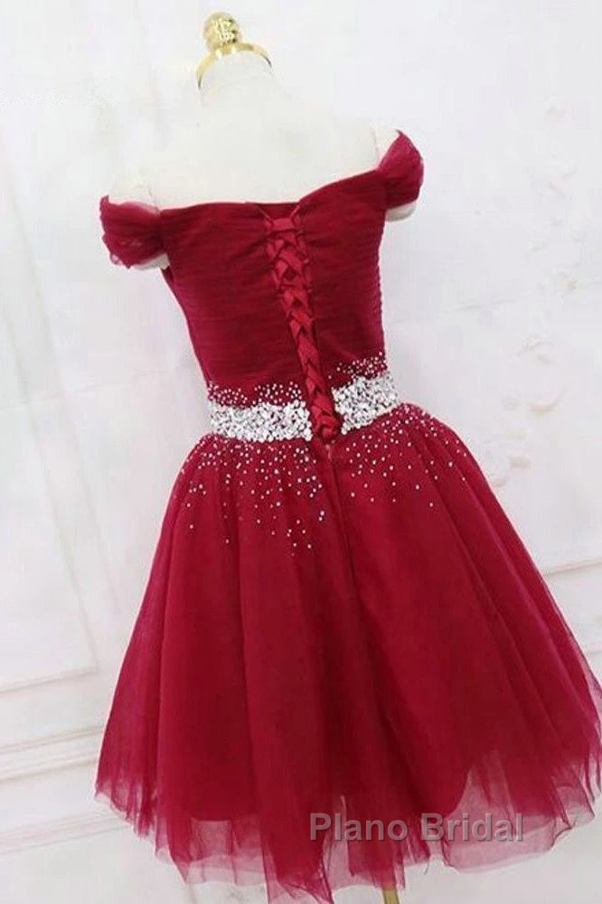 Off The Shoulder Tulle Red Short Formal Prom Dresses Lace Up