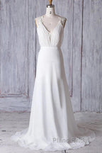 Off-The-Shoulder V Neck Backless Sheath Lace Chiffon Long Beach Wedding Dresses