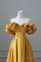 Off the Shoulder Yellow Satin Long Formal Prom Dresses, Off Shoulder Yellow Long Formal Evening Dresses