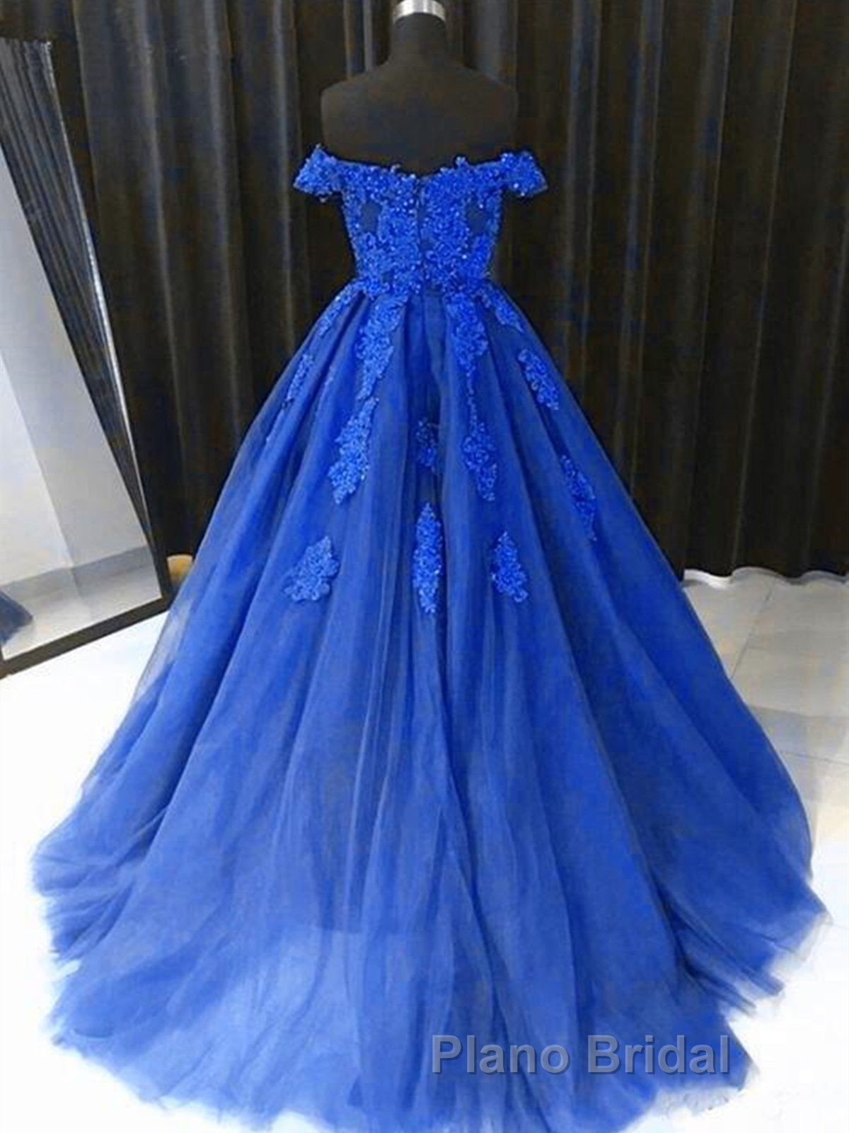 Off the Shouler Royal Blue Lace Formal Prom Dresses, Off Shoulder Blue Lace Formal Evening Dresses Secondary image