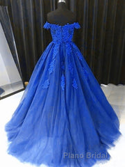 Off the Shouler Royal Blue Lace Formal Prom Dresses, Off Shoulder Blue Lace Formal Evening Dresses