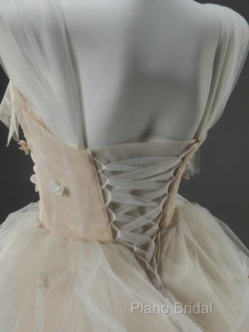 Off-White A-Line Straps Tulle Long Formal Prom Dresses Simple Applique Wedding Dresses