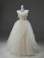 Off-White A-Line Straps Tulle Long Formal Prom Dresses Simple Applique Wedding Dresses