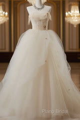 Off-White A-Line Straps Tulle Long Formal Prom Dresses Simple Applique Wedding Dresses