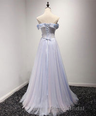 Light Blue Tulle Lace Long Formal Prom Dresses, Lace Evening Dresses