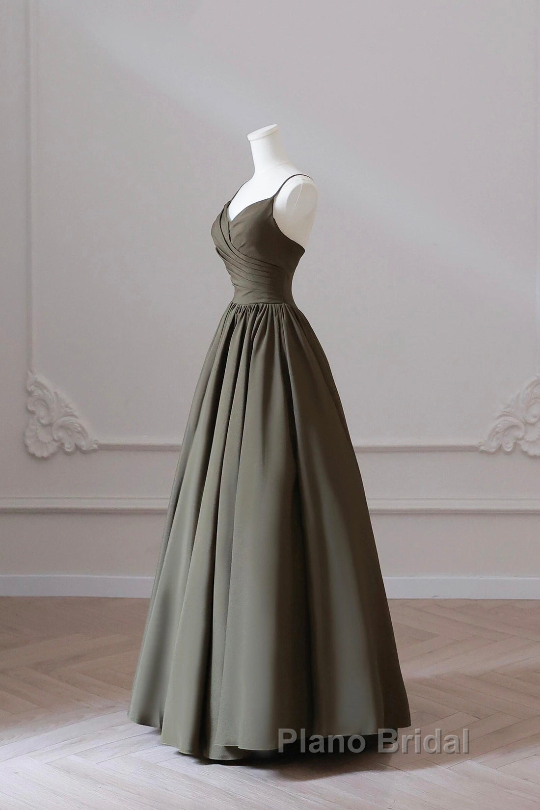 Olive Green Spaghetti Strap Satin Long Formal Prom Dresses, A-Line V Neck Party Dresses