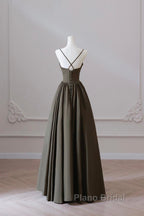Olive Green Spaghetti Strap Satin Long Formal Prom Dresses, A-Line V Neck Party Dresses