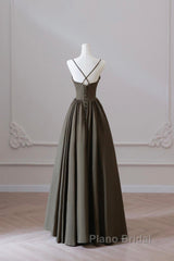Olive Green Spaghetti Strap Satin Long Formal Prom Dresses, A-Line V Neck Party Dresses
