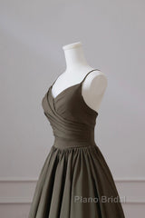 Olive Green Spaghetti Strap Satin Long Formal Prom Dresses, A-Line V Neck Party Dresses