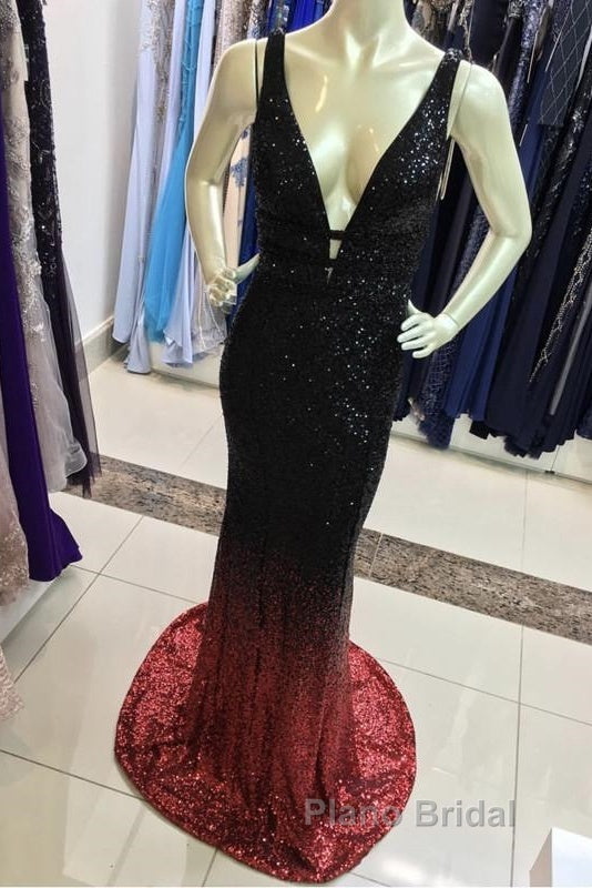 Ombre Mermaid V-Neck Court Train Formal Prom Sequins Dresses