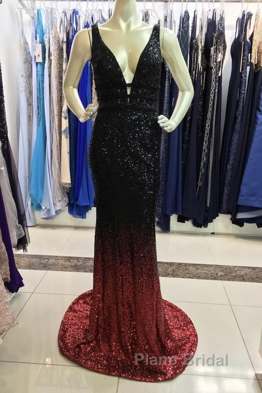 Ombre Mermaid V-Neck Court Train Formal Prom Sequins Dresses