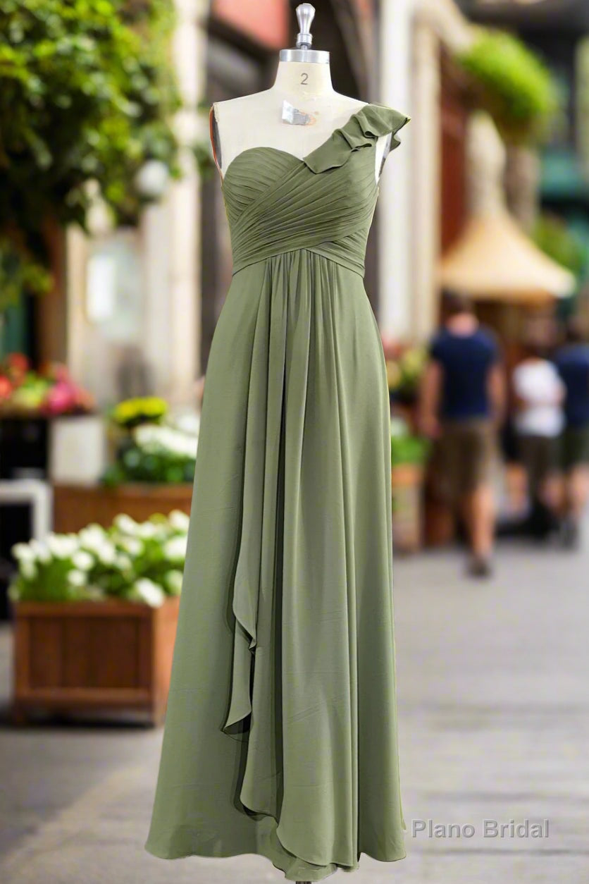 One ruffle Shoulder Long Dusty Sage Bridesmaid Dress Main image