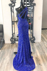 One Shouder Royal Blue Formal Prom Dresses Long Sequin Formal Dresses