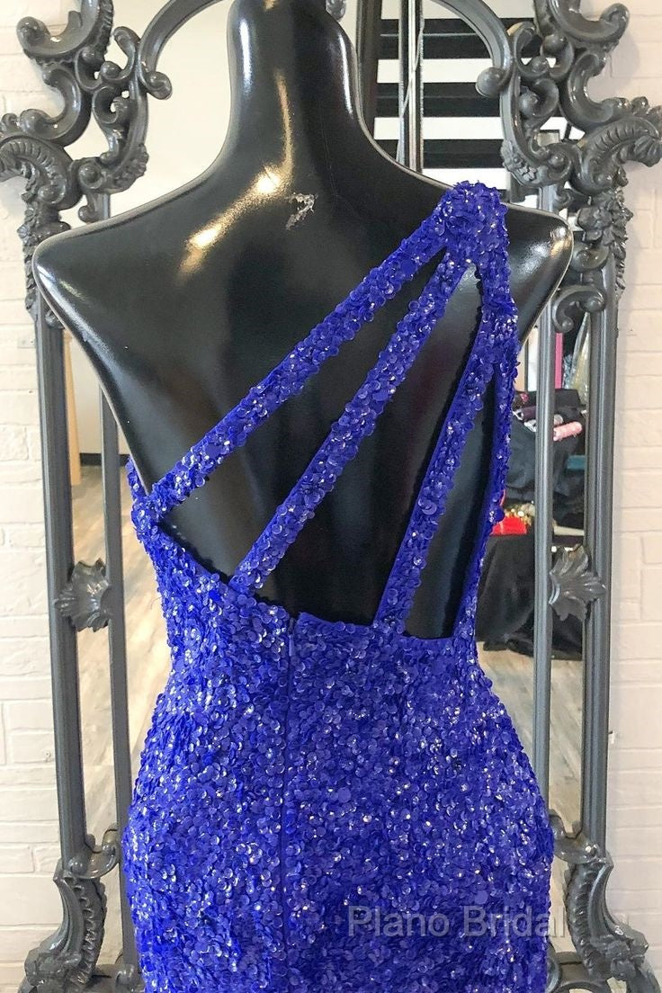 One Shouder Royal Blue Formal Prom Dresses Long Sequin Formal Dresses