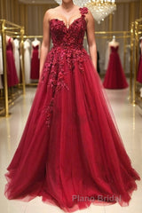 One Shoulder 3D Floral Burgundy Lace Long Formal Prom Dress, Burgundy Lace Appliques Formal Graduation Evening Dress