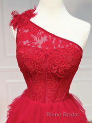 One Shoulder A-Line Tulle Burgundy Long Formal Prom Dress, Burgundy Graduation Dress