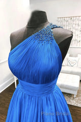 One Shoulder Backless Blue Chiffon Long Formal Prom Dress, Beaded Blue Long Formal Evening Dress