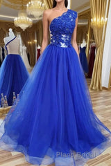 One Shoulder Backless Royal Blue Lace Long Formal Prom Dress, Royal Blue Lace Formal Dress, Backless Royal Blue Evening Dress