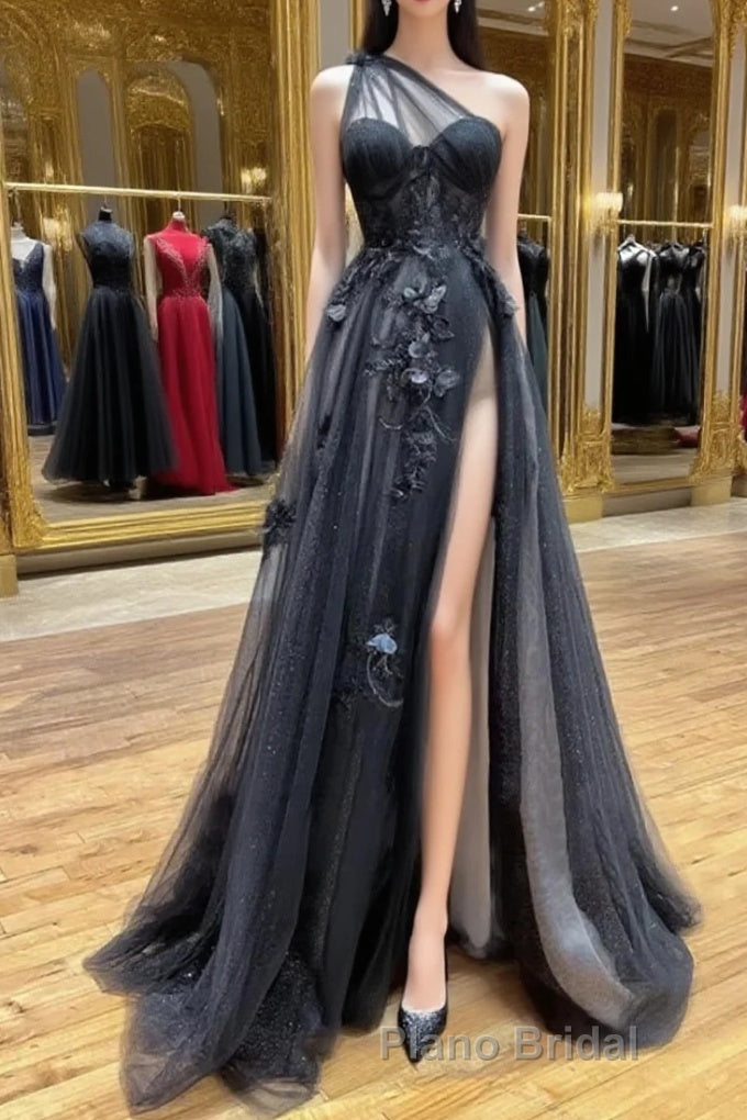 One Shoulder Black Lace Formal Prom Dresses, One Shoulder Black Lace Formal Evening Dresses