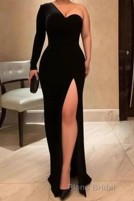 One Shoulder Black Velvet Long Formal Prom Dresses, Black One Shoulder Velvet Formal Evening Dresses