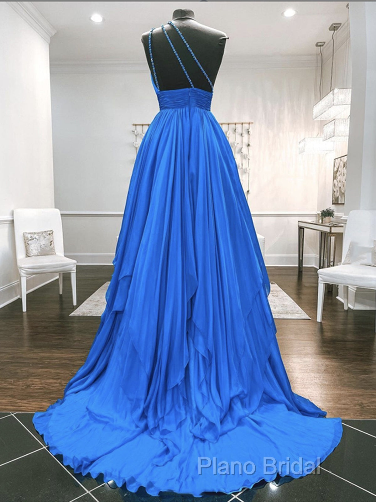One Shoulder Blue Backless Long Formal Prom Dresses, Open Back Blue Long Formal Dresses
