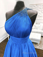 One Shoulder Blue Backless Long Formal Prom Dresses, Open Back Blue Long Formal Dresses