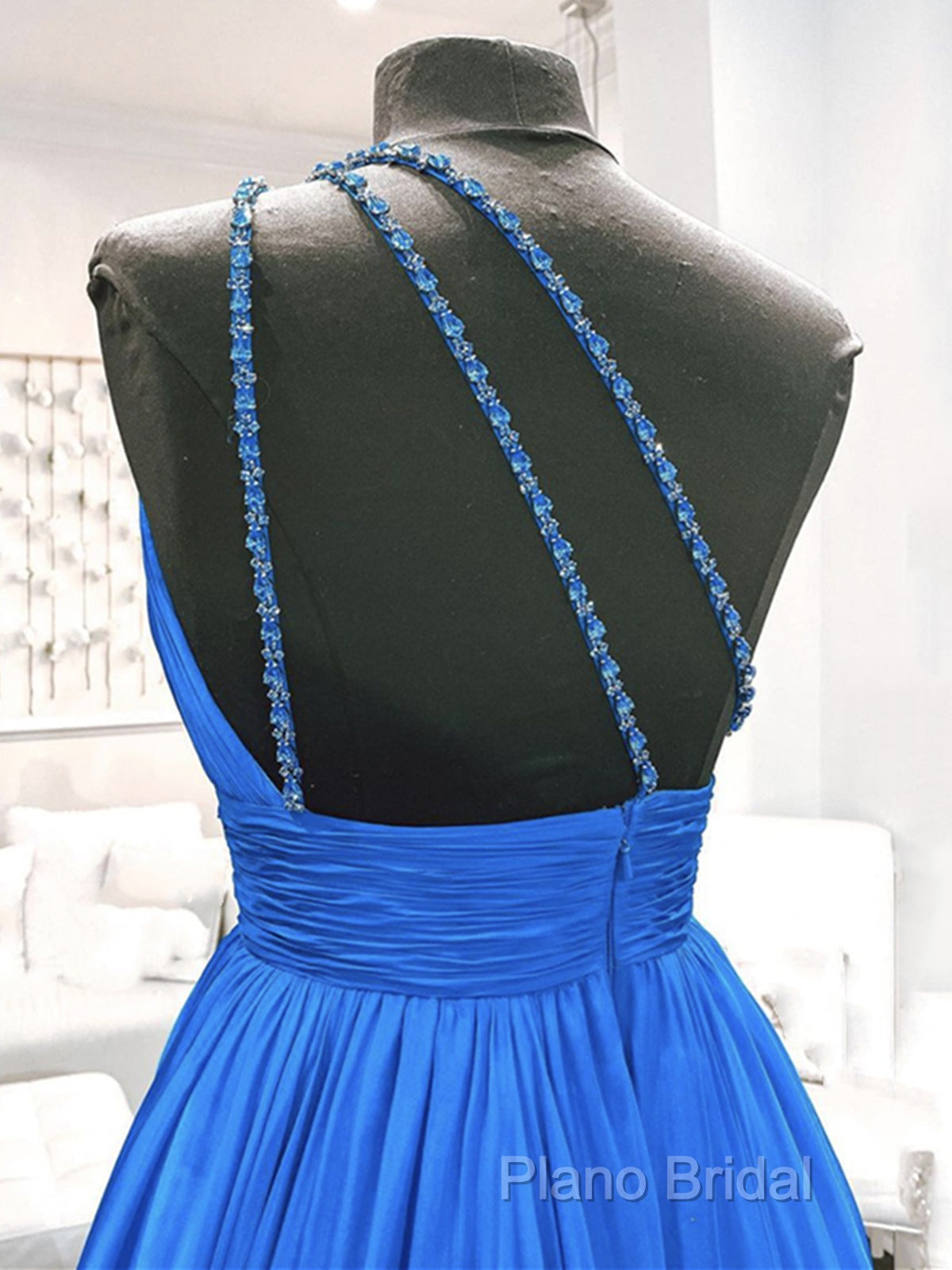 One Shoulder Blue Backless Long Formal Prom Dresses, Open Back Blue Long Formal Dresses
