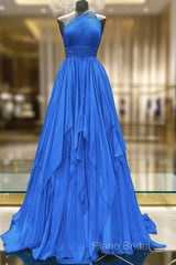 One Shoulder Blue Backless Long Formal Prom Dresses, Open Back Blue Long Formal Dresses