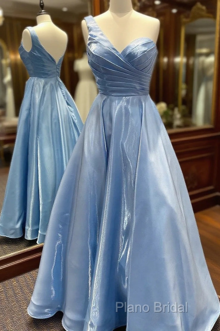 One Shoulder Blue Satin Long Formal Prom Dresses, One Shoulder Blue Long Formal Dresses
