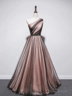 One Shoulder Brown Tulle Prom Dresses, Brown Tulle Formal Evening Dresses