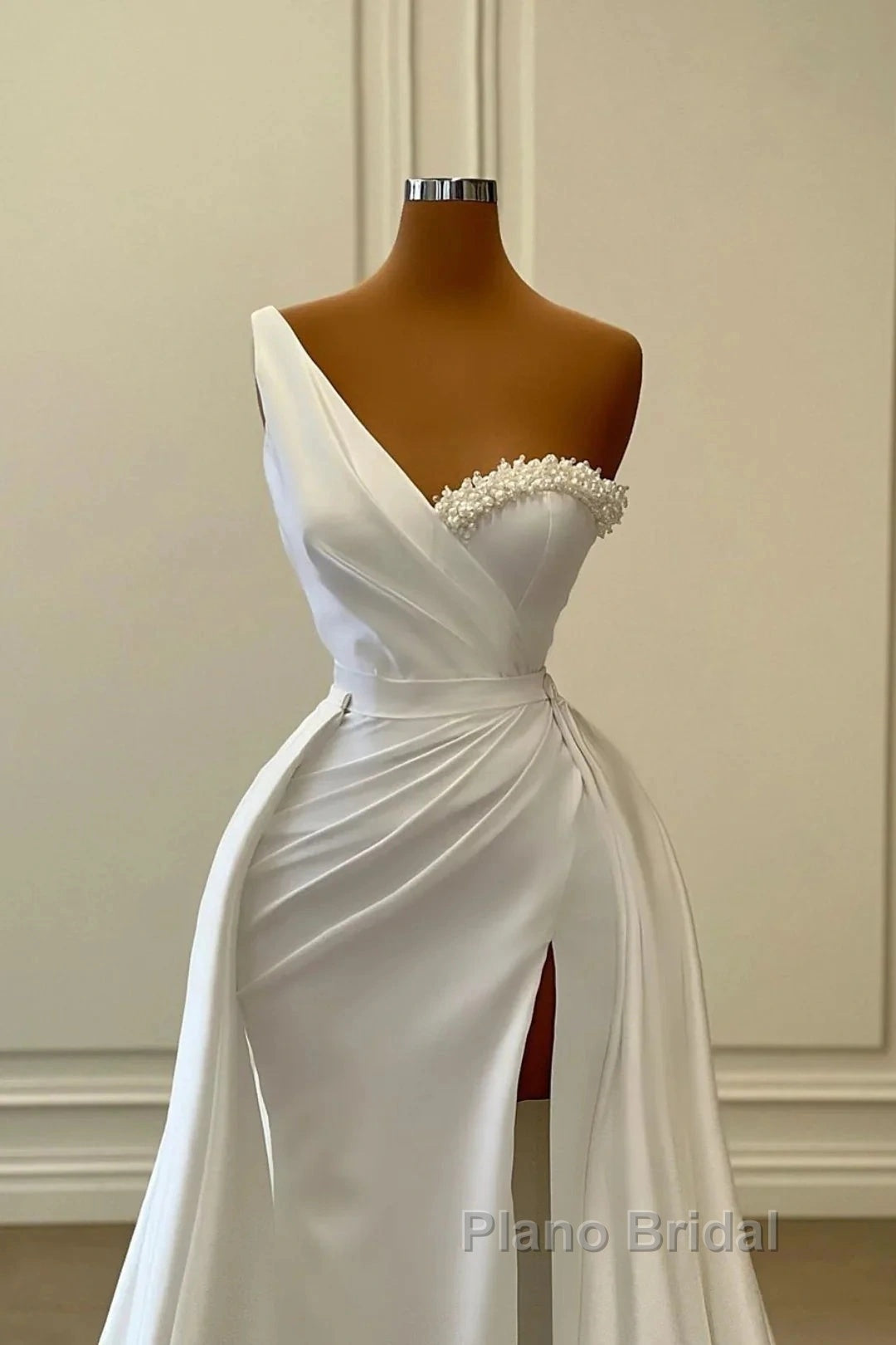 One Shoulder Charmeuse White Wedding Dresses With Beadings Sleeveless Floor Length Elegant Secondary image