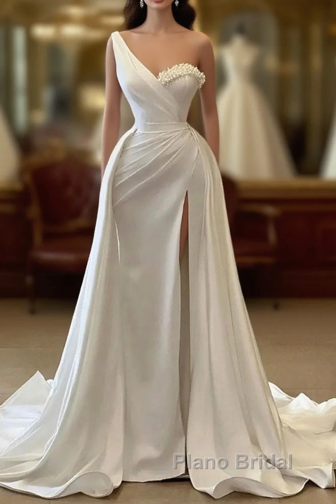 One Shoulder Charmeuse White Wedding Dresses With Beadings Sleeveless Floor Length Elegant Main image