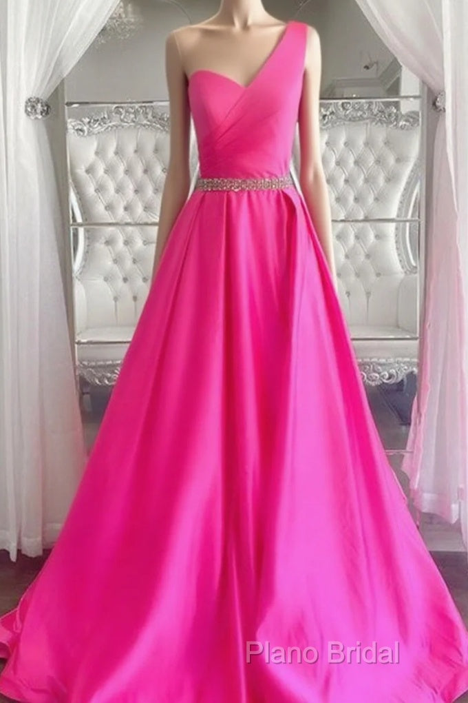 One Shoulder Hot Pink Formal Prom Dresses, Hot Pink One Shoulder Formal Dresses