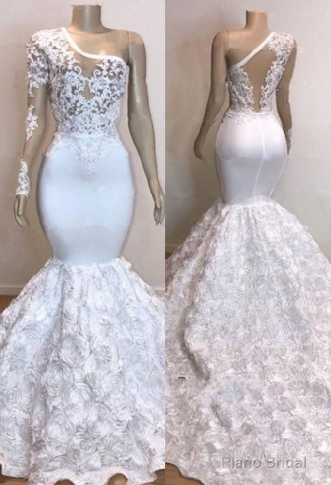 One Shoulder Lace Appliques Meramid Prom Dresses with sleeve Main image